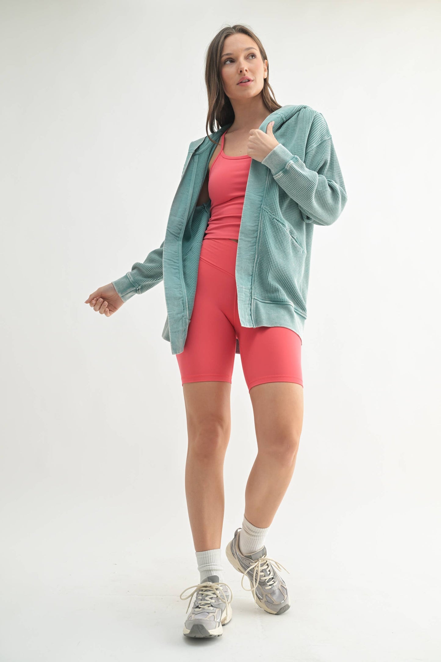 Waffle Knit Mineral-Washed Cardigan: GREY TEAL