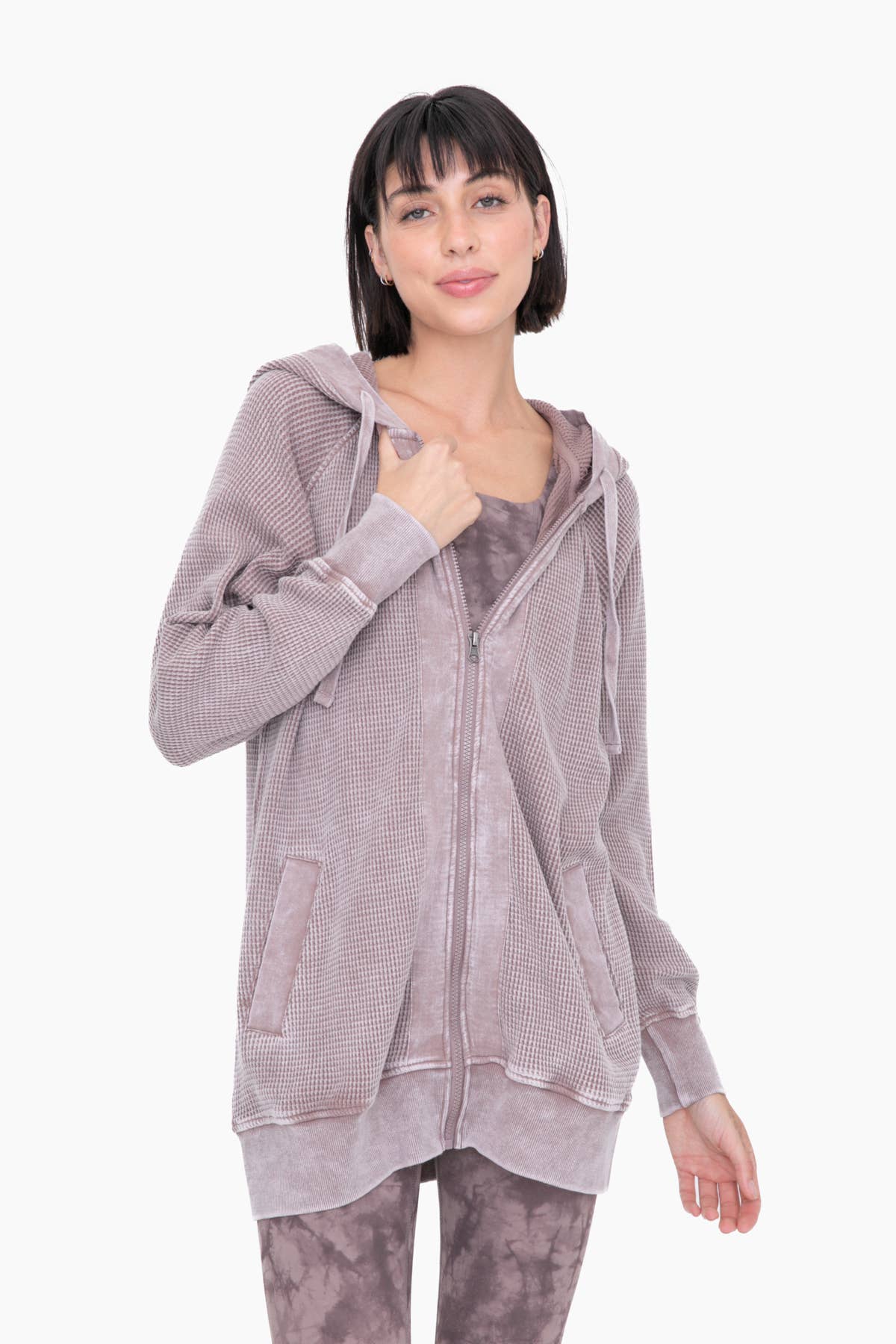 Oversized Mineral-Washed Zip-Up Hooded Jacket: DEEP TAUPE