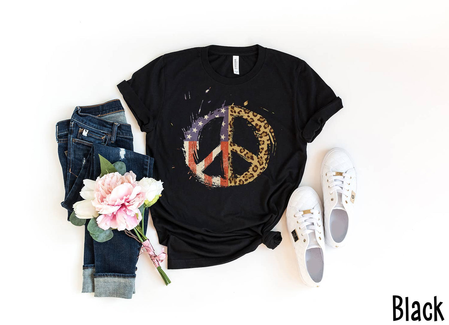 Distressed Americana Peace Black Tee
