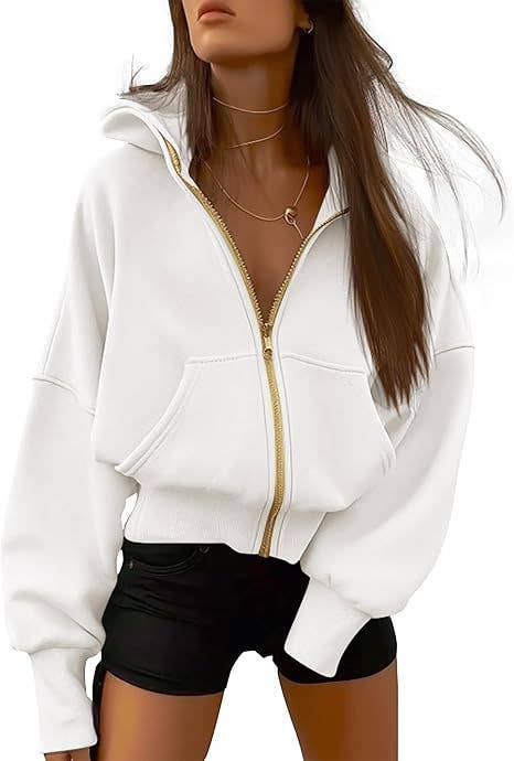 Cropped Loose Zipper Hoodie Women's Casual Pullover