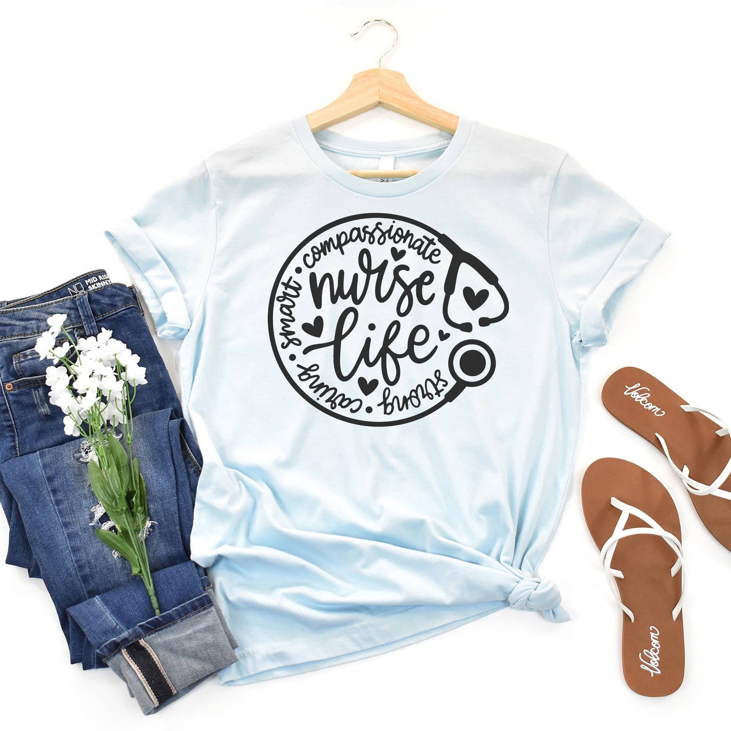 Nurse Life Stethoscope Light Blue Tee Black Ink
