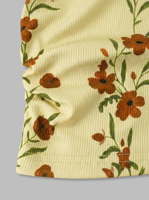 Boho Retro Floral Print Ribbed Knit Slim-Fit Tank Tops