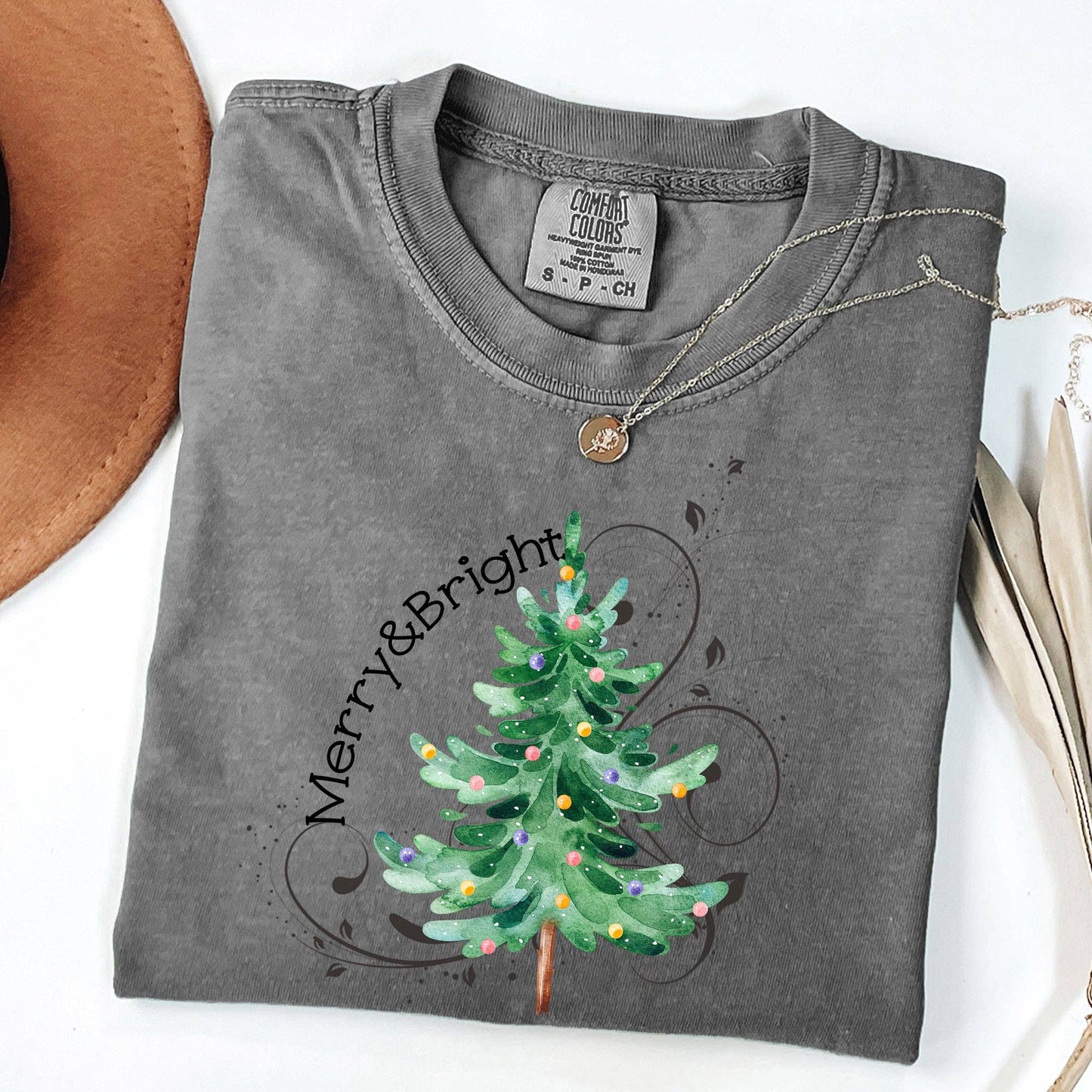 Merry and Bright, Colorful Christmas Tree, Swirls Tshirt