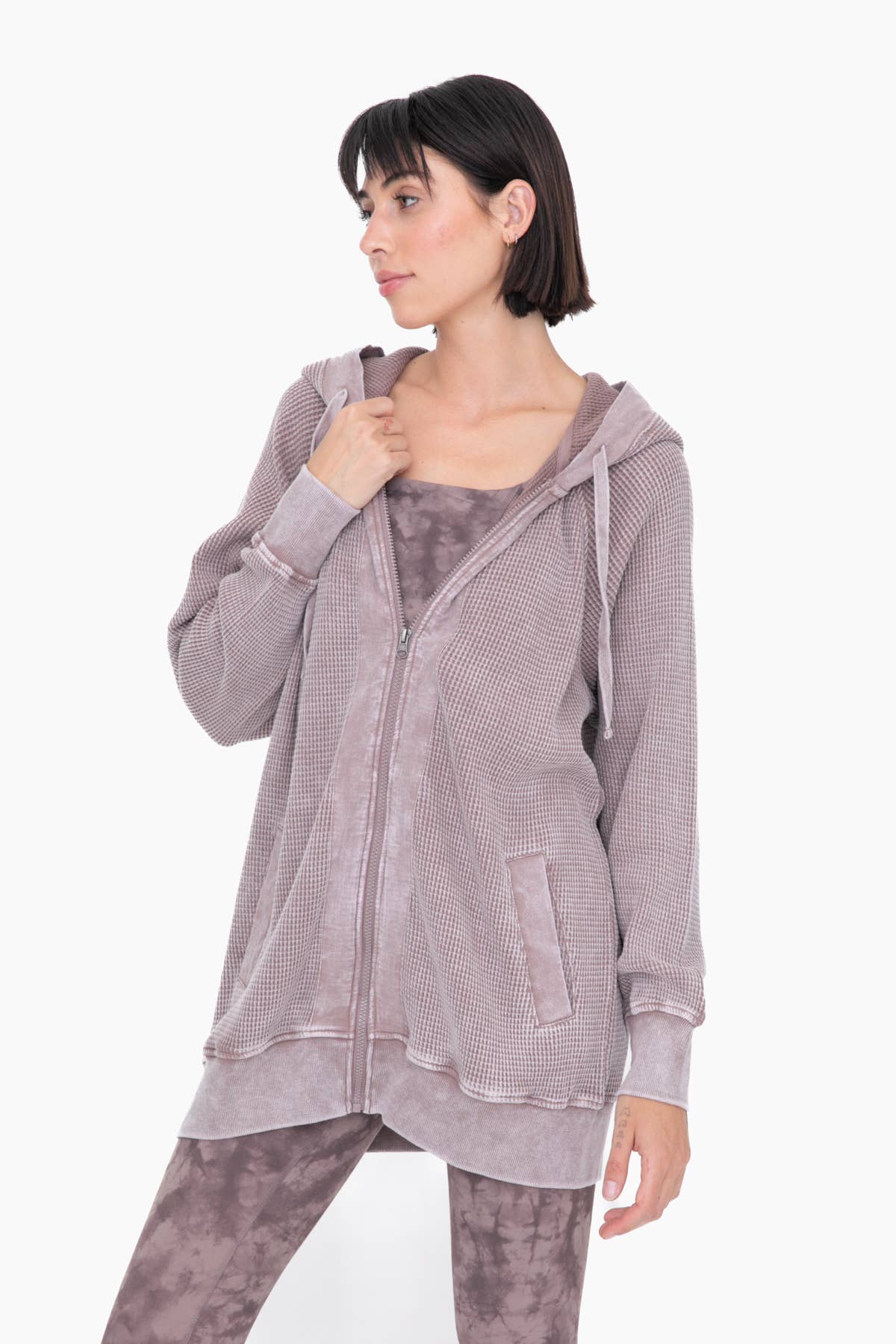 Oversized Mineral-Washed Zip-Up Hooded Jacket: DEEP TAUPE