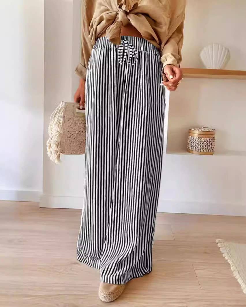 Boho Chic Stripe Print Wide Leg Drawstring Pants