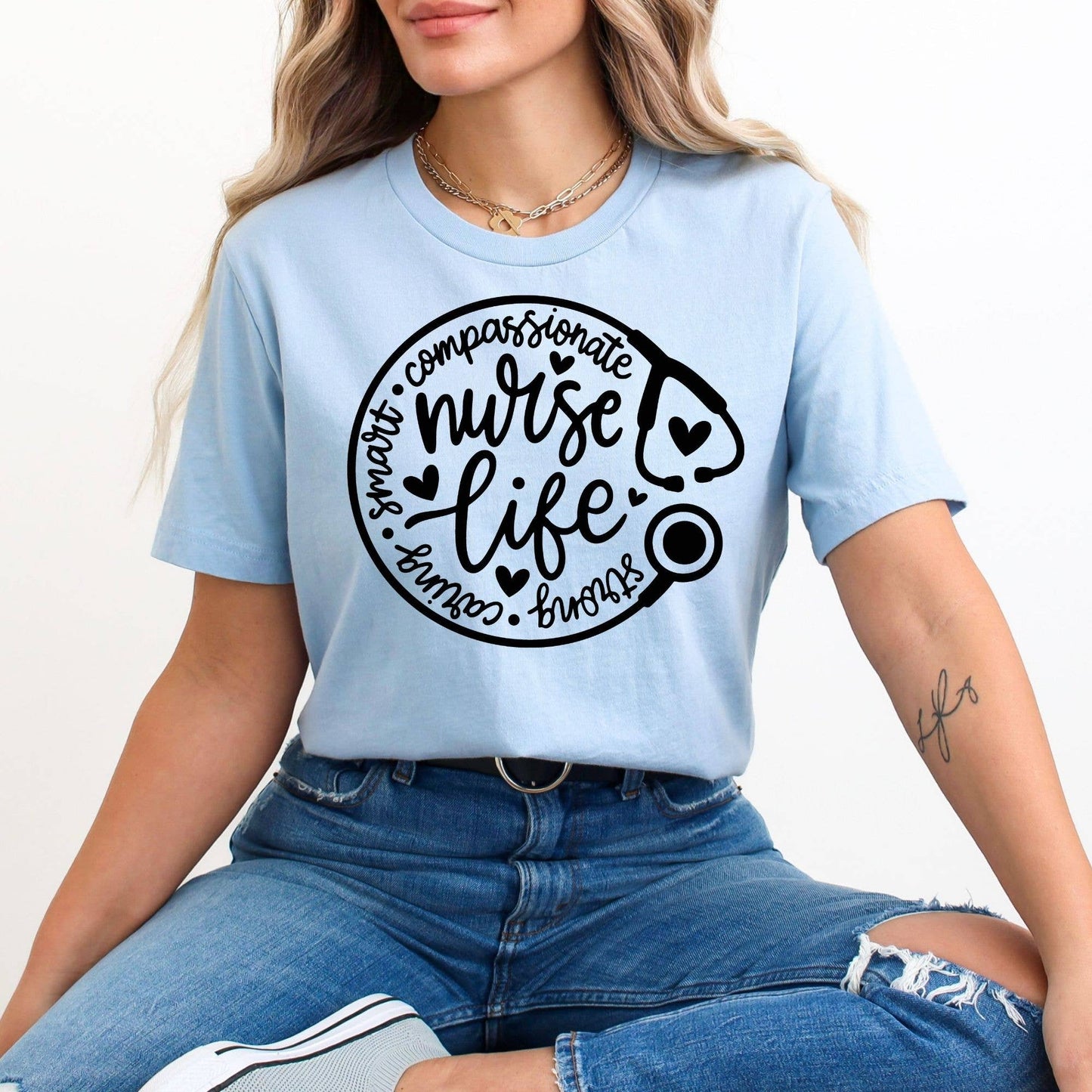 Nurse Life Stethoscope Light Blue Tee Black Ink