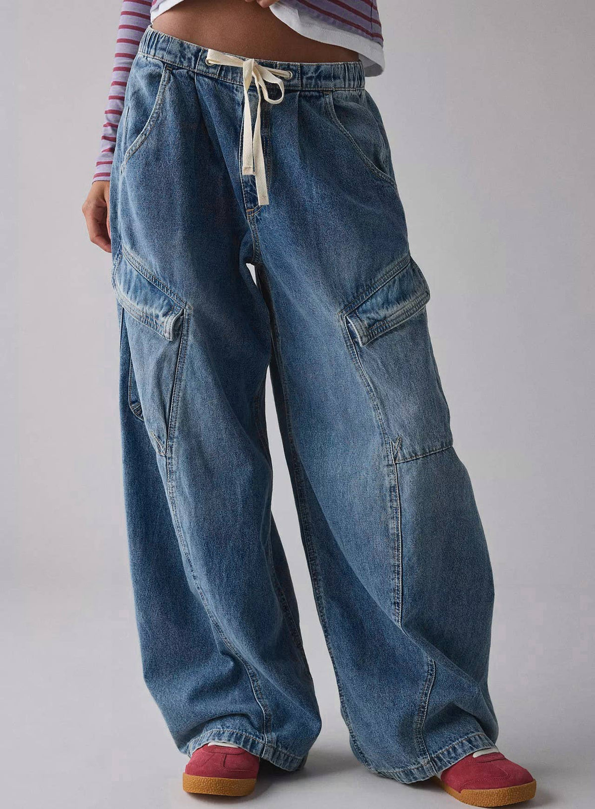 Casual High Waisted Drawstring Baggy Cargo Jeans
