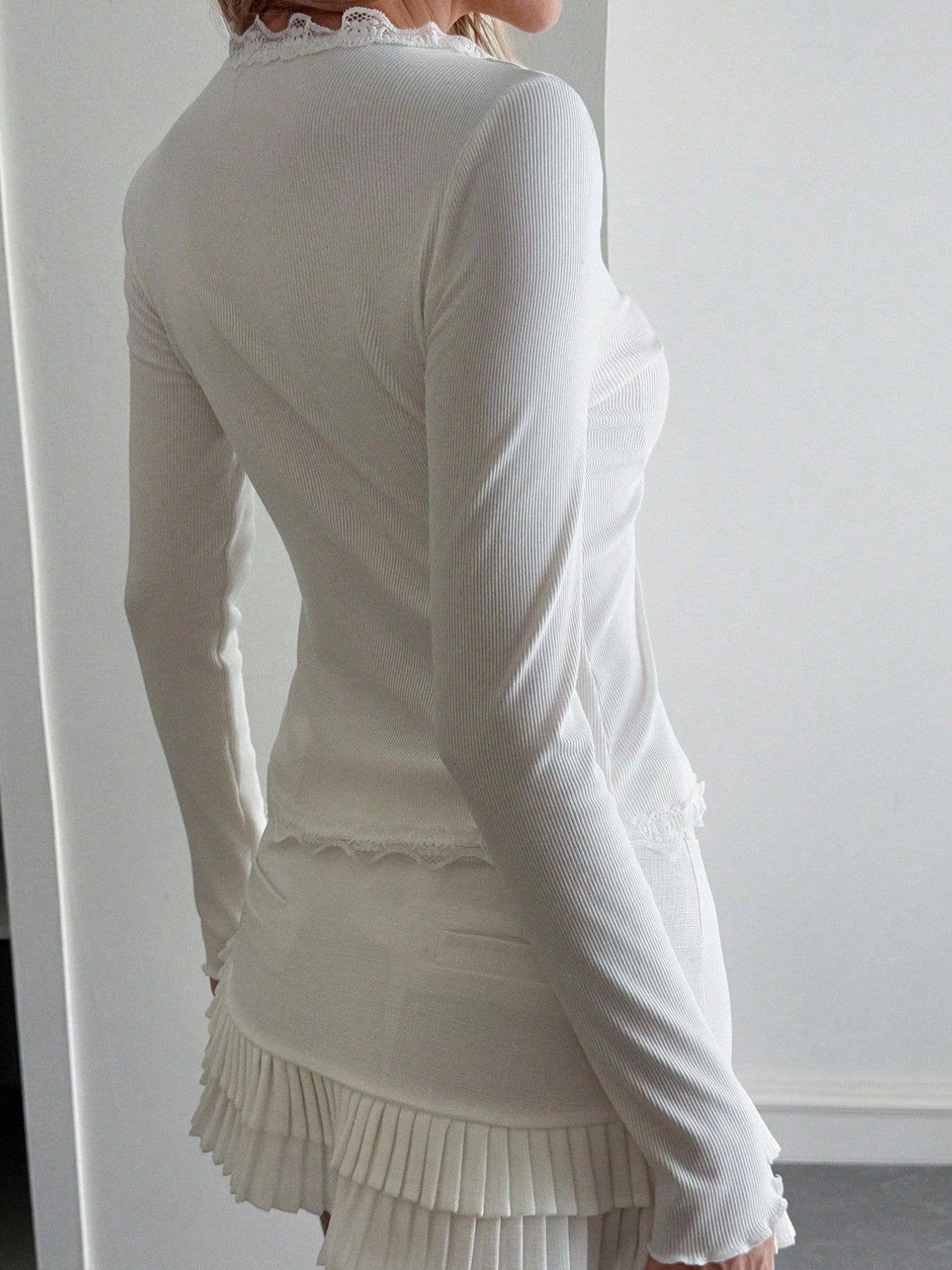 Soft V-Neck Lace-Trim Ribbed Knit Base Top
