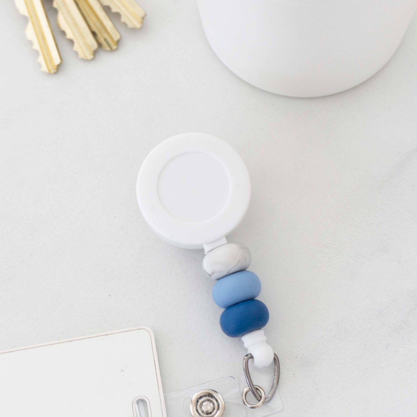 Beaded Badge Reel with Blue Ombre Beads