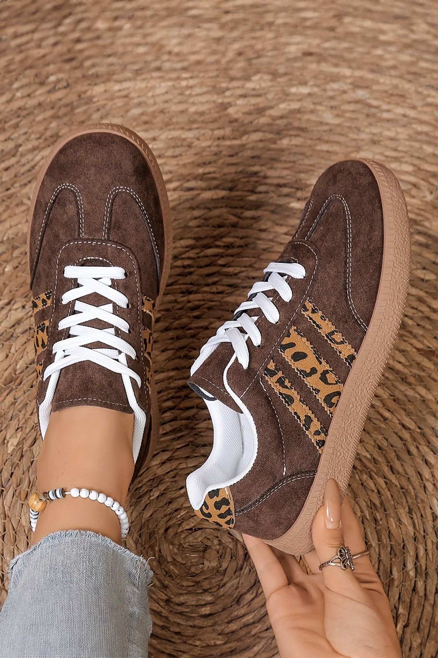 Contrast Lace-up Leopard Patchwork Detail Faux Suede Shoes