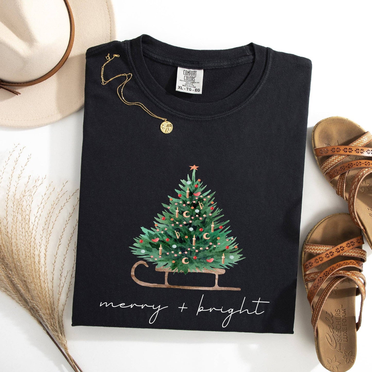 Merry and Bright, Sleigh, Christmas Tree, Snow, Xmas Tshirt