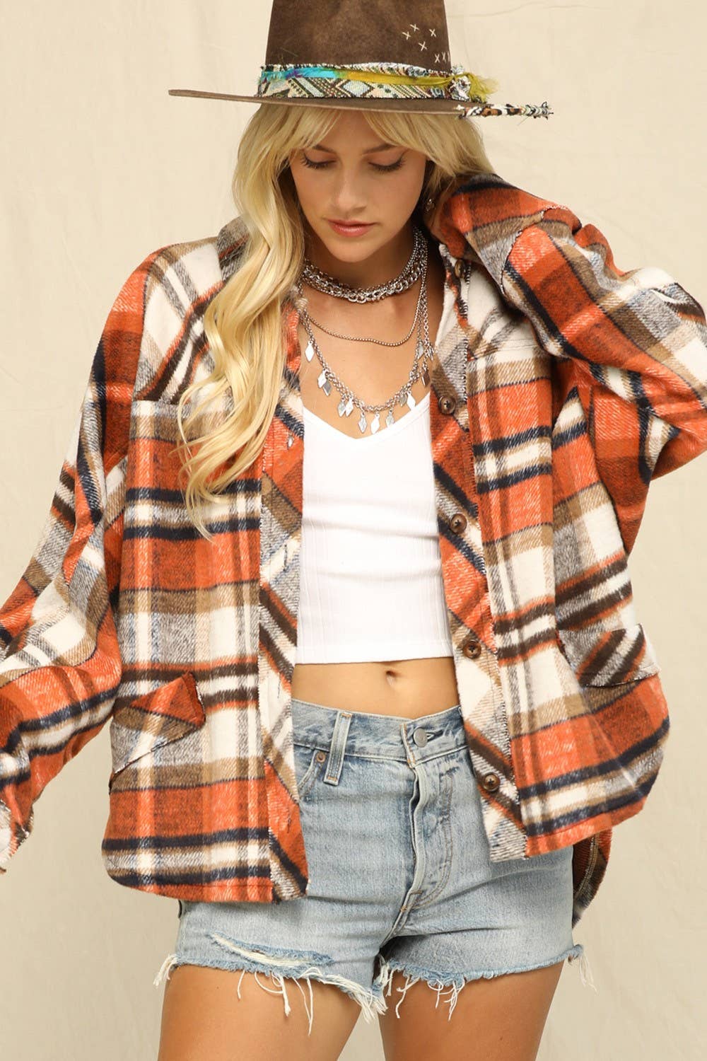 Plaid Print And Button-Front Closure Top