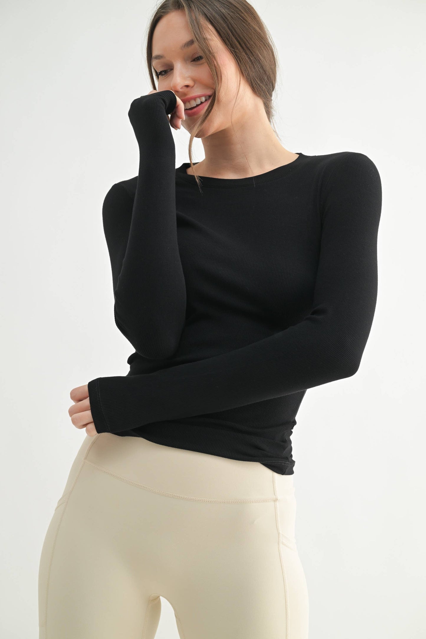 Essential Long-Sleeved Micro-Ribbed Athleisure Top: CHALK PINK