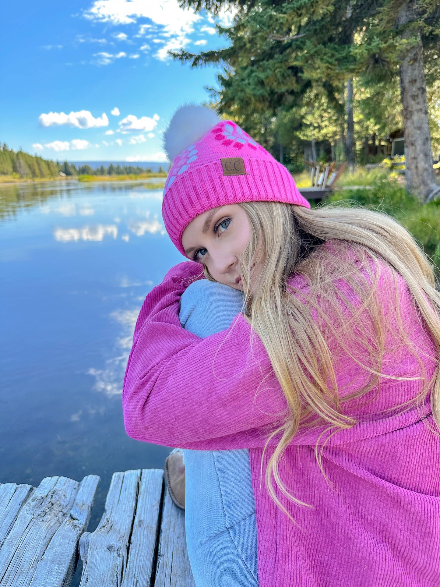 Flower Pattern Pom C.C Beanie HAT7396