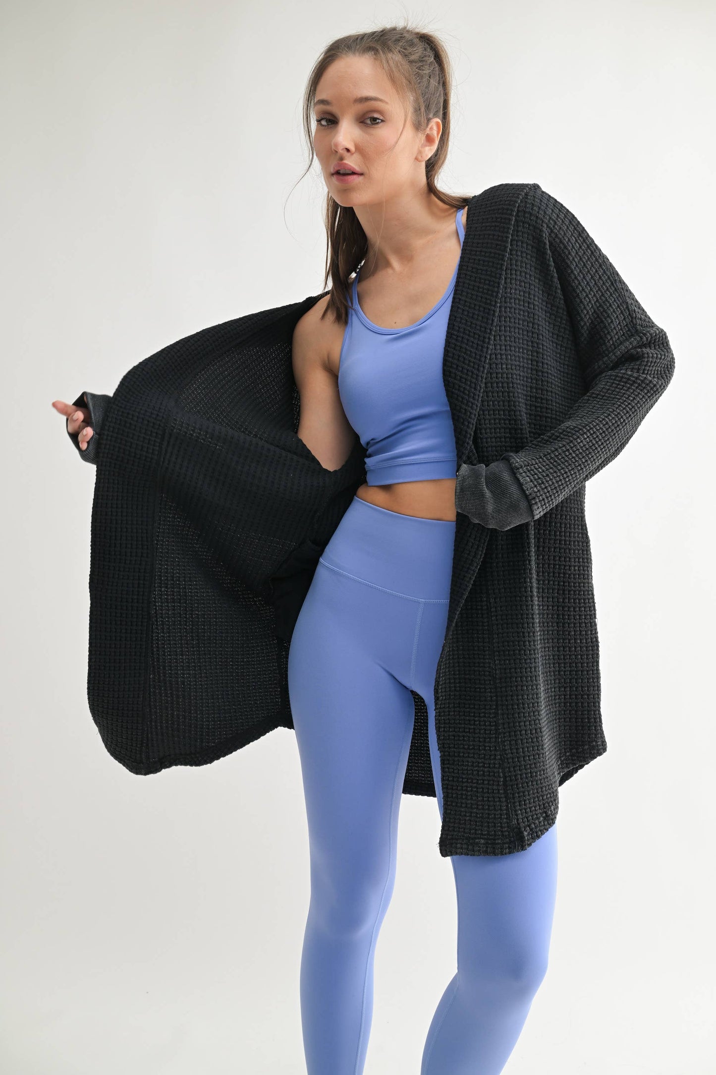 Chunky Waffle Mineral Wash Hooded Open Cardigan