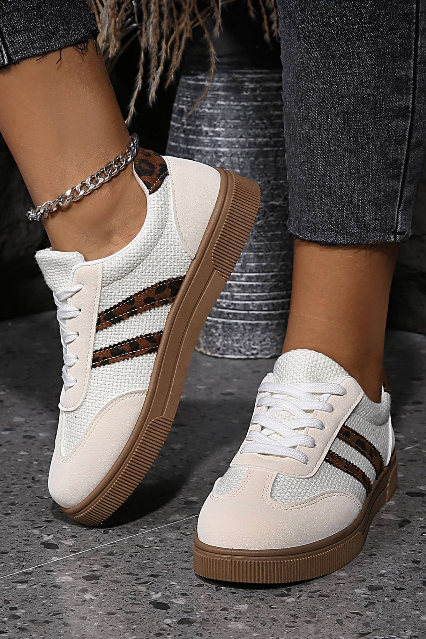 Leather Leopard Patchwork Flat Sneakers