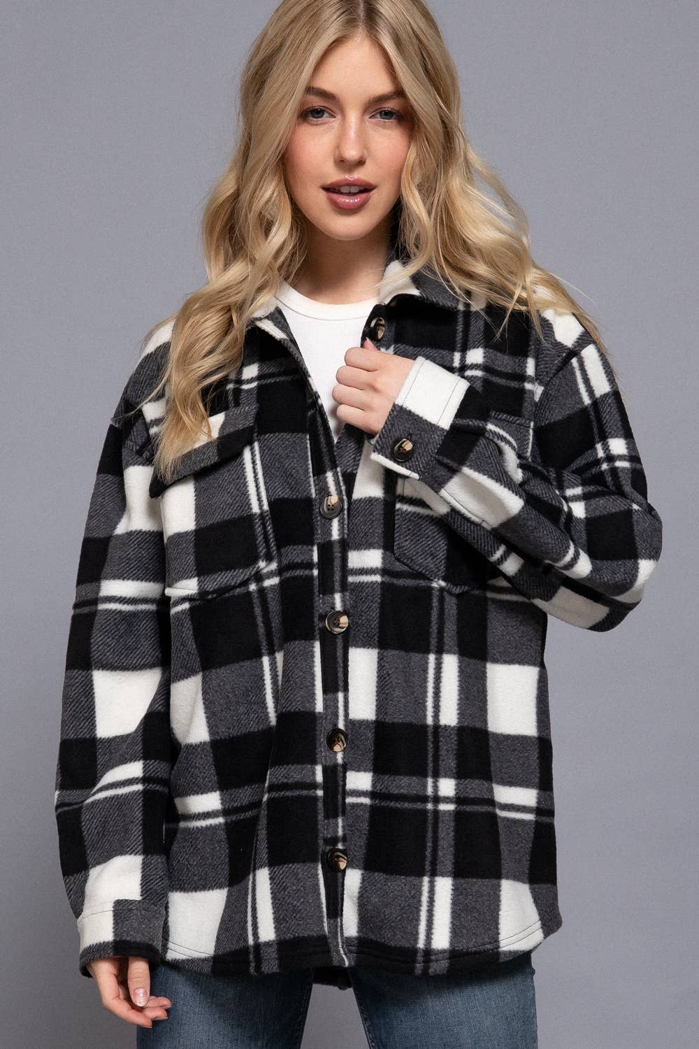 Long Sleeve Check Printed Fleece Shacket