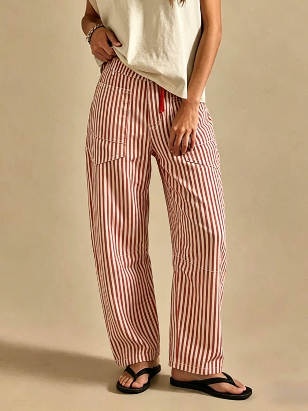 Contrast Drawstring Waist Pull-On Barrel Jeans in Stripe
