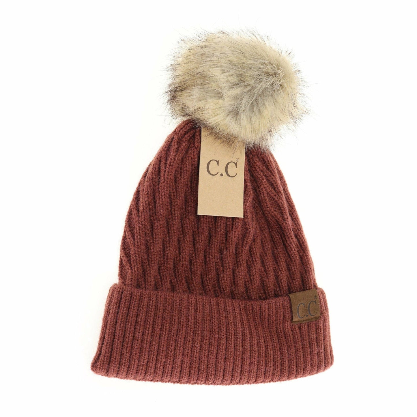 Solid Honey Comb Fur Pom C.C Beanie HAT2079