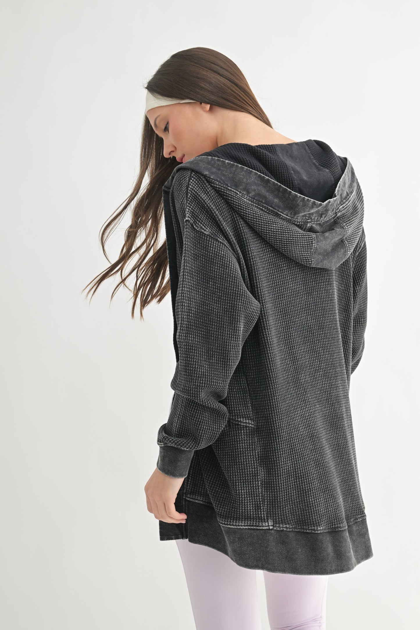 Waffle Knit Mineral-Washed Cardigan: BLACK