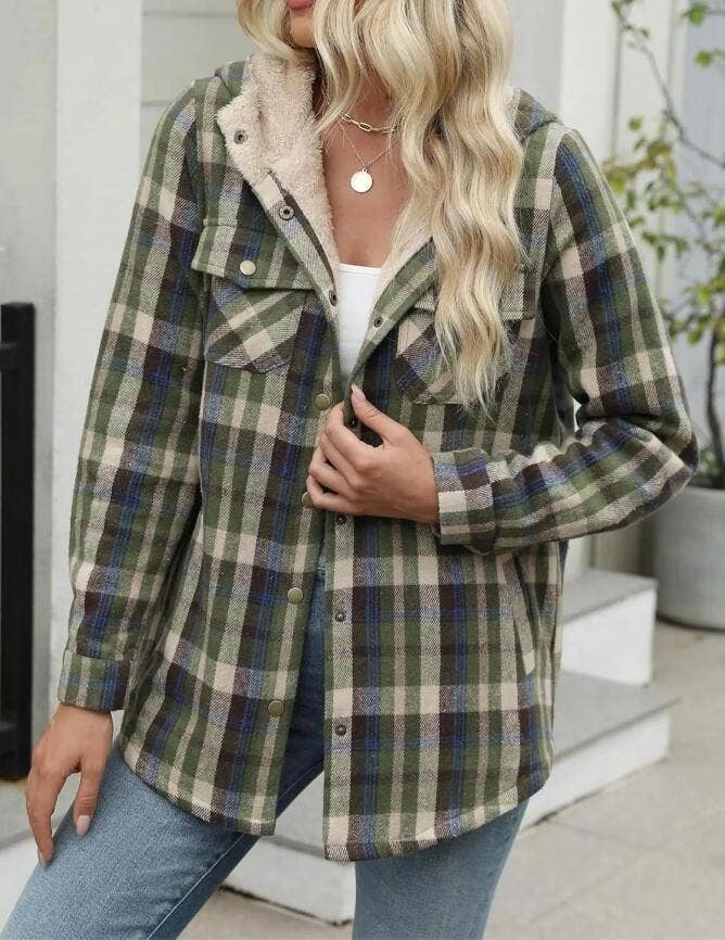 Western buttons hoodie plaid fleece lined shacket coat