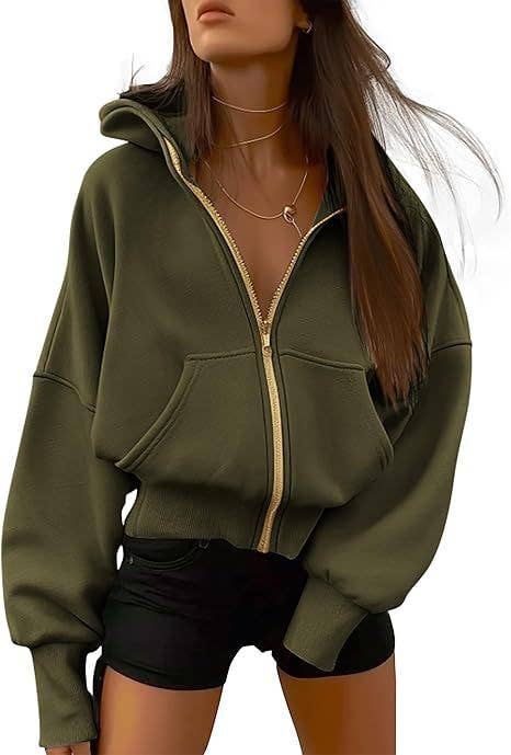 Cropped Loose Zipper Hoodie Women's Casual Pullover