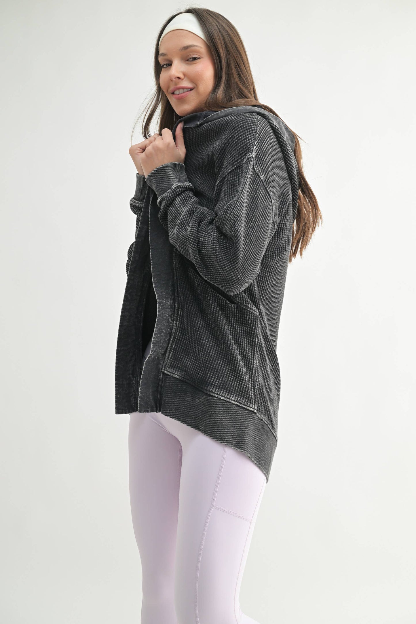 Waffle Knit Mineral-Washed Cardigan: BLACK