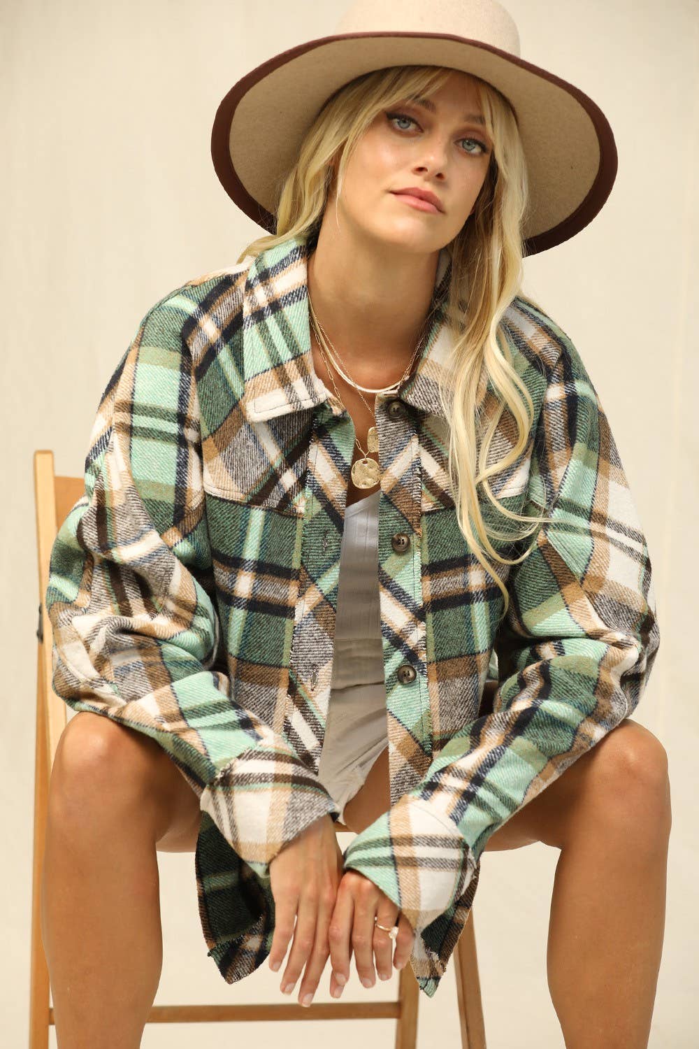 Plaid Print And Button-Front Closure Top
