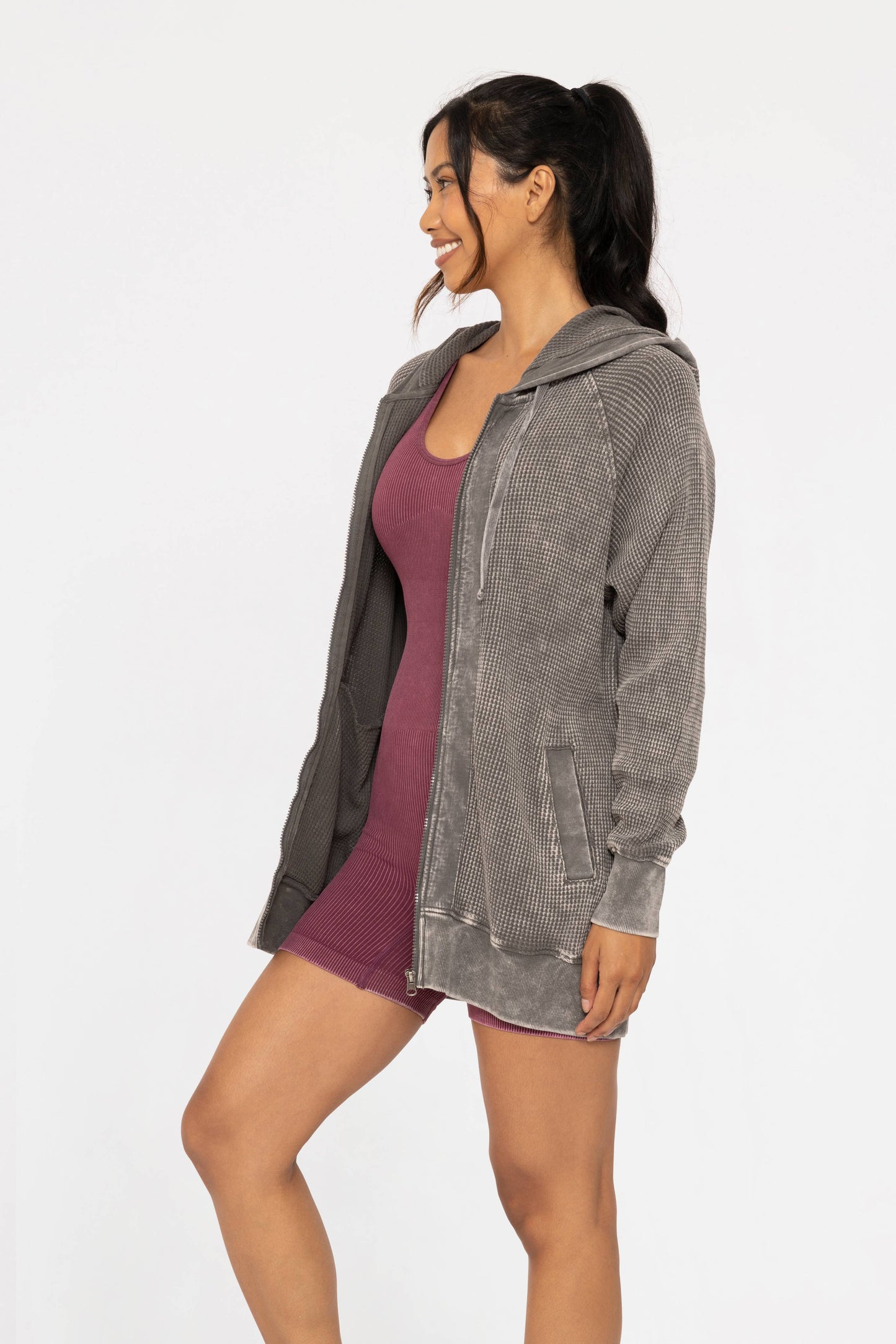 Oversized Mineral-Washed Zip-Up Hooded Jacket: URBAN CHIC