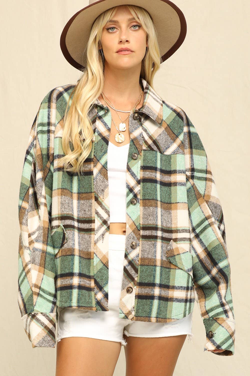 Plaid Print And Button-Front Closure Top