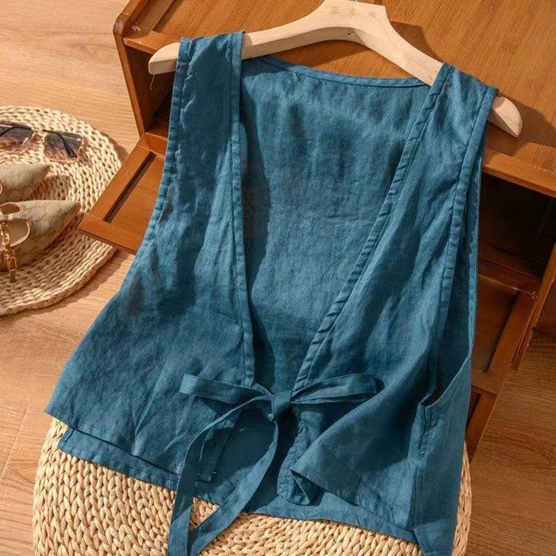 Lightweight cotton blend tie-front cardigan vest
