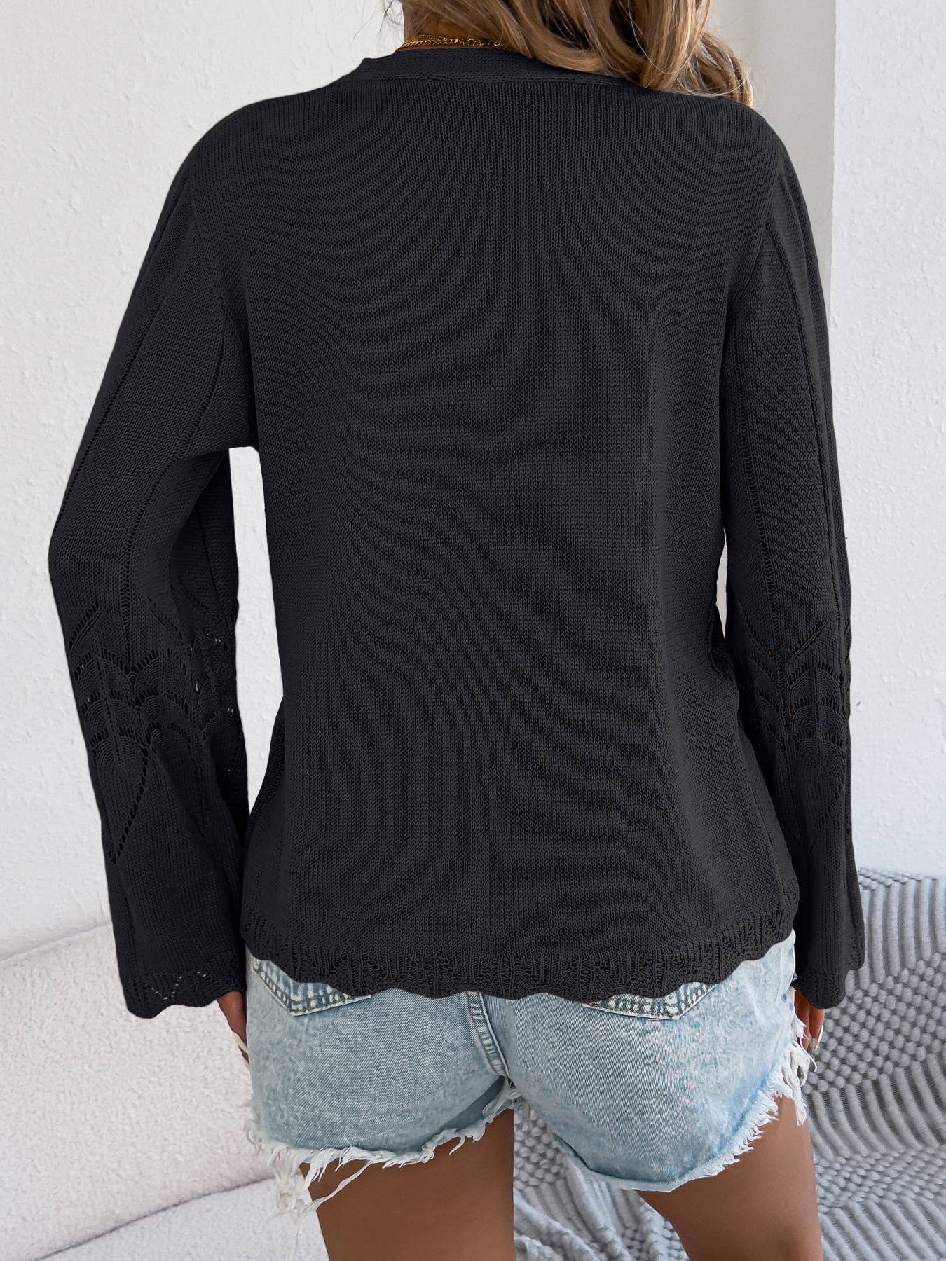 Casual Cut-Out Lace-Up Bell Sleeve Knit Cardigan
