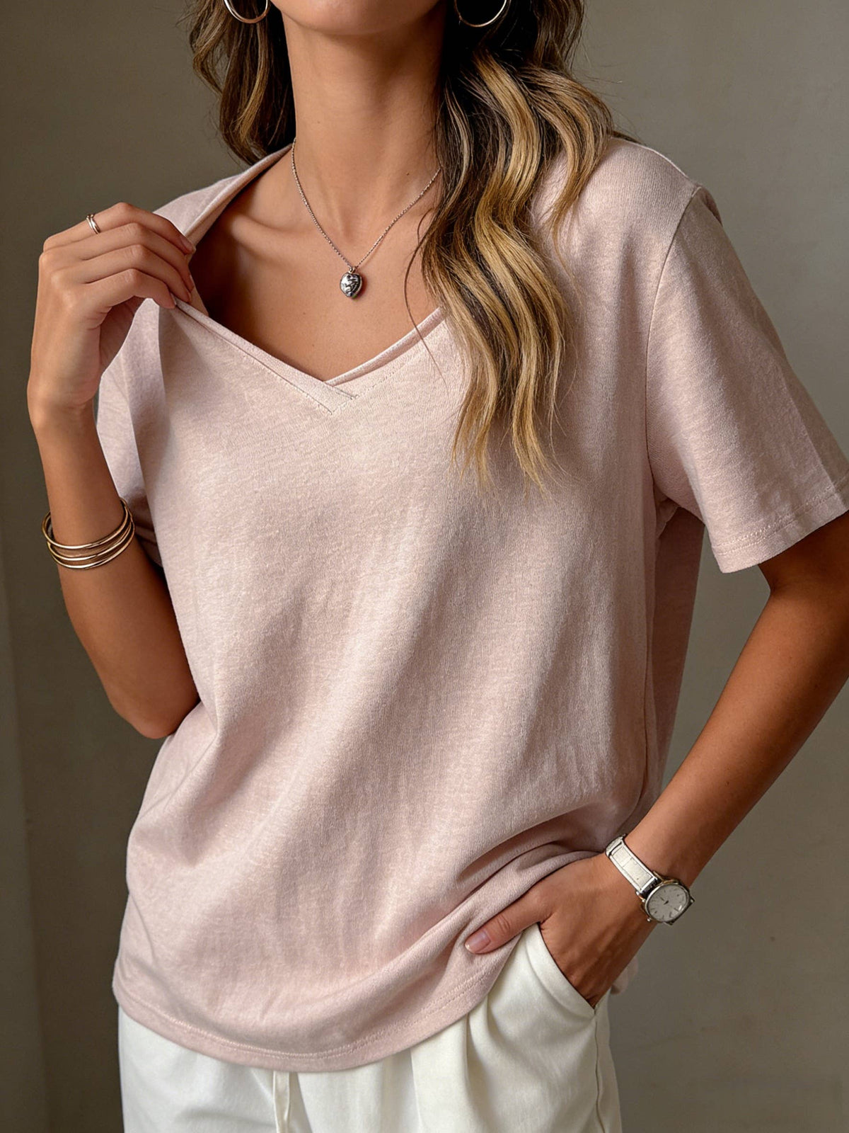 Cotton blend short sleeve roll neck tees V-neck T-shirt