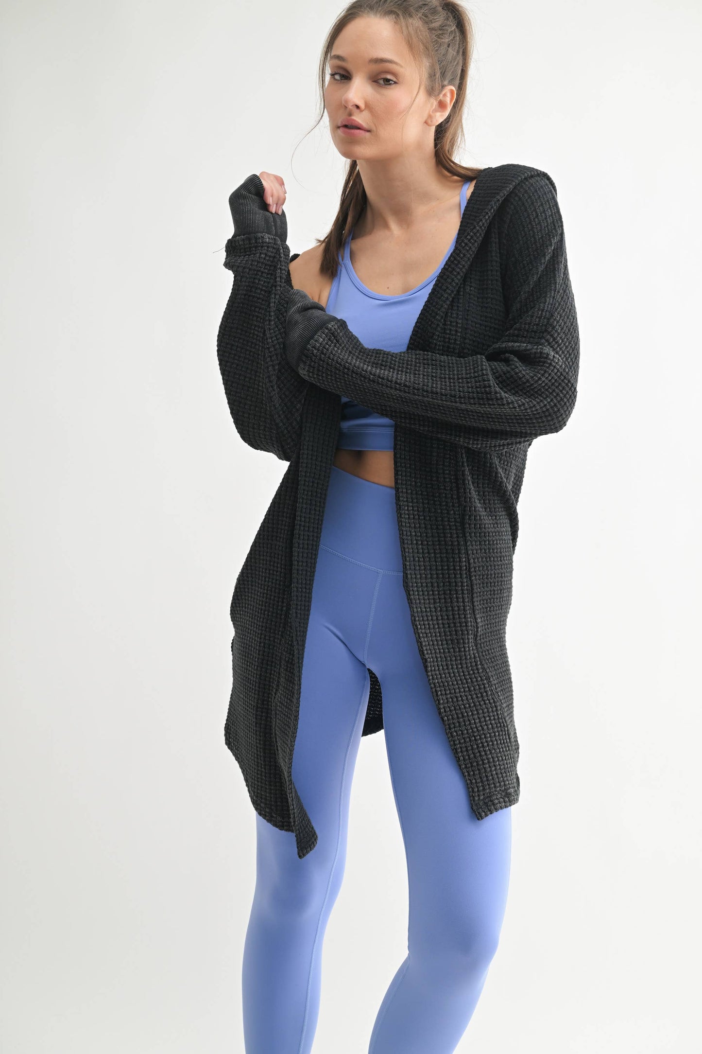 Chunky Waffle Mineral Wash Hooded Open Cardigan