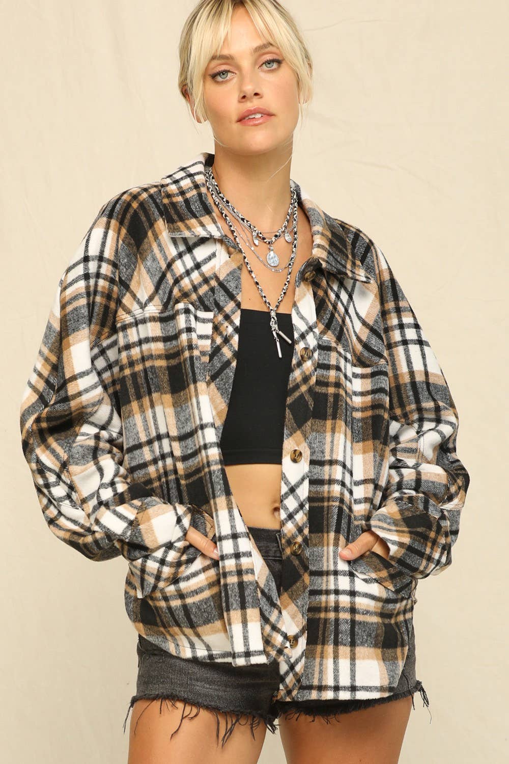 Plaid Print And Button-Front Closure Top