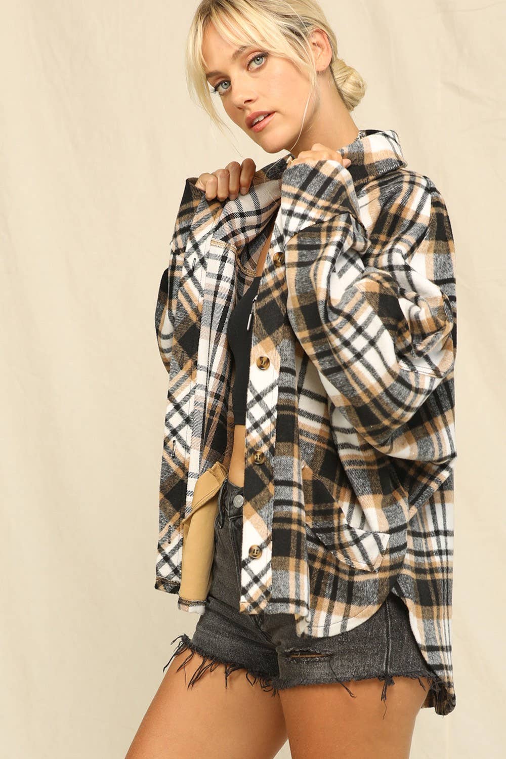 Plaid Print And Button-Front Closure Top