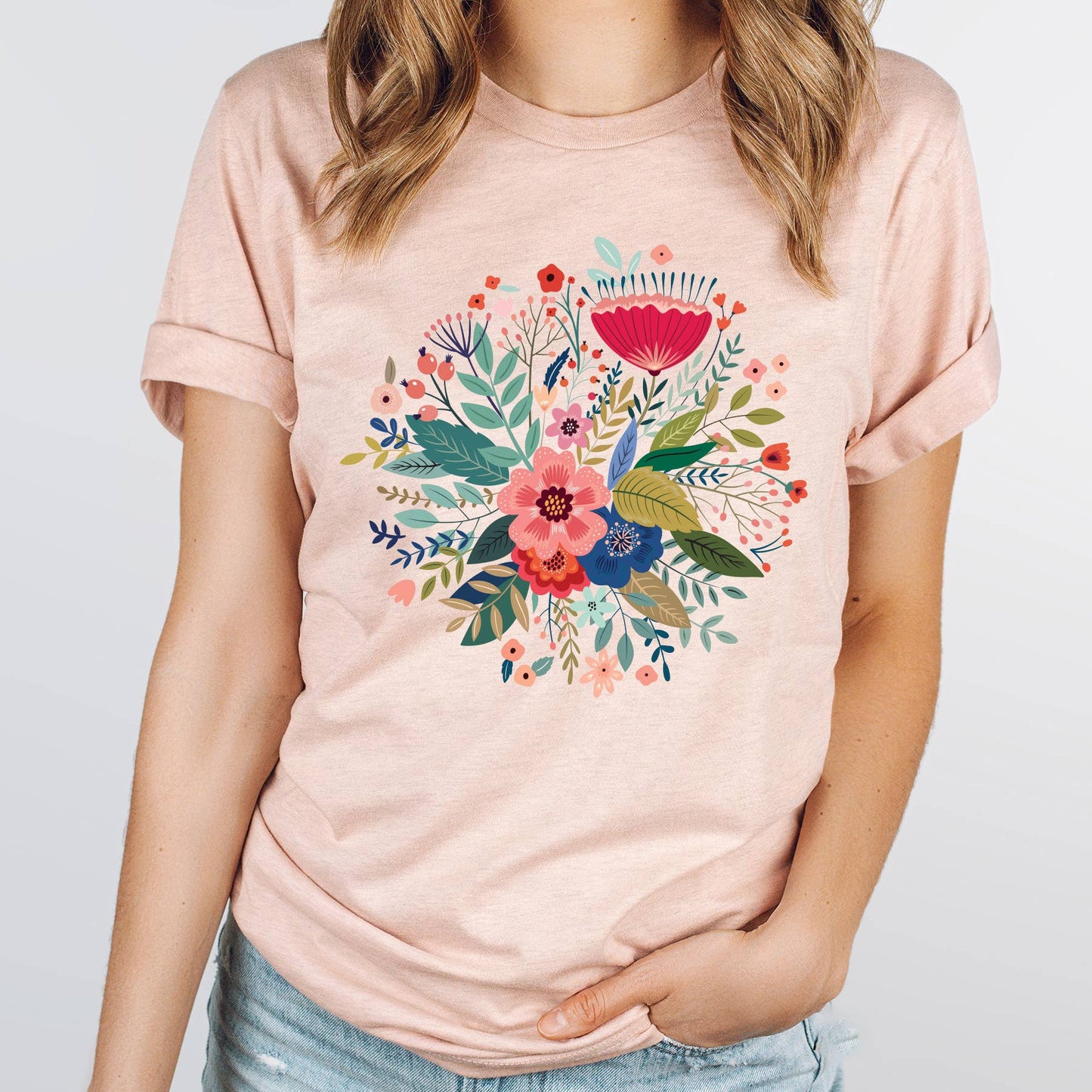 Folk Floral T-Shirt - Vintage Nature Tees: Athletic Heather