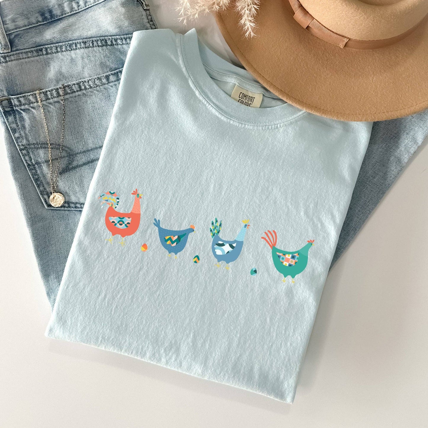 Easter Chickens and Eggs, Spring, Colorful Tshirt: COLOR- Chambray