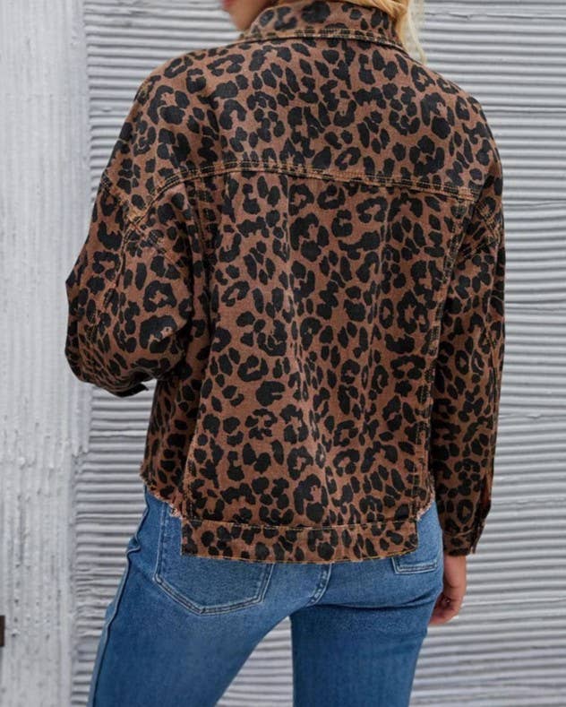 Fashion Retro Leopard Print Short Denim Jacket