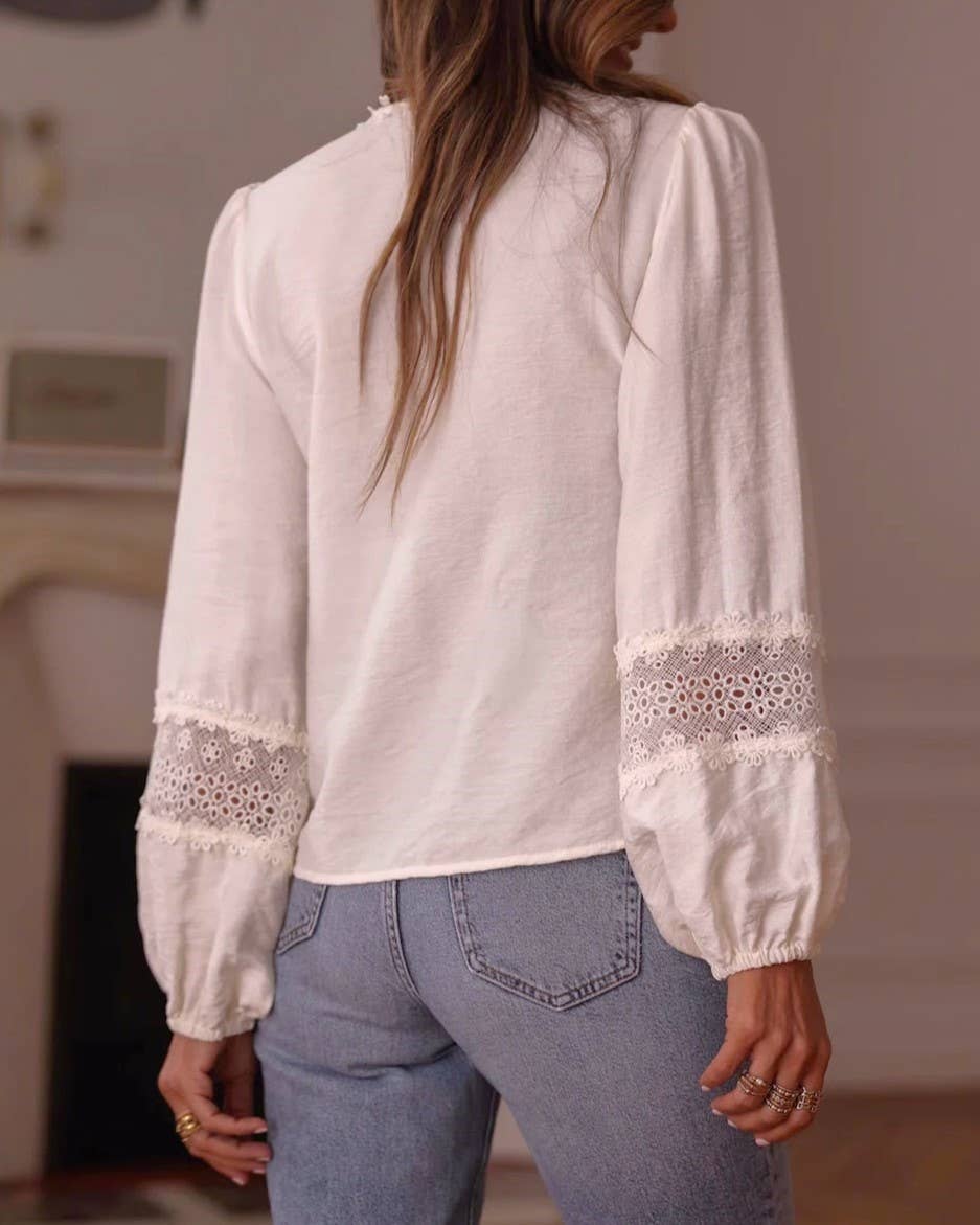 Boho Chic Eyelet Lace Floral Details V Neck Blouse