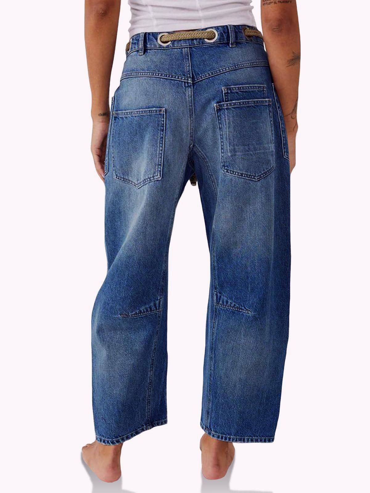Western chic drawstring patchwork wide-leg jeans
