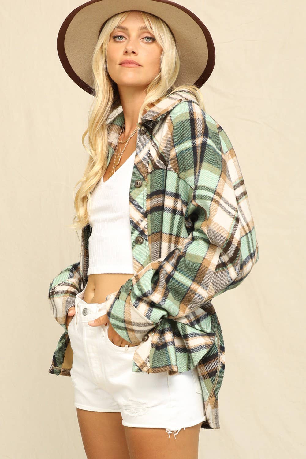 Plaid Print And Button-Front Closure Top
