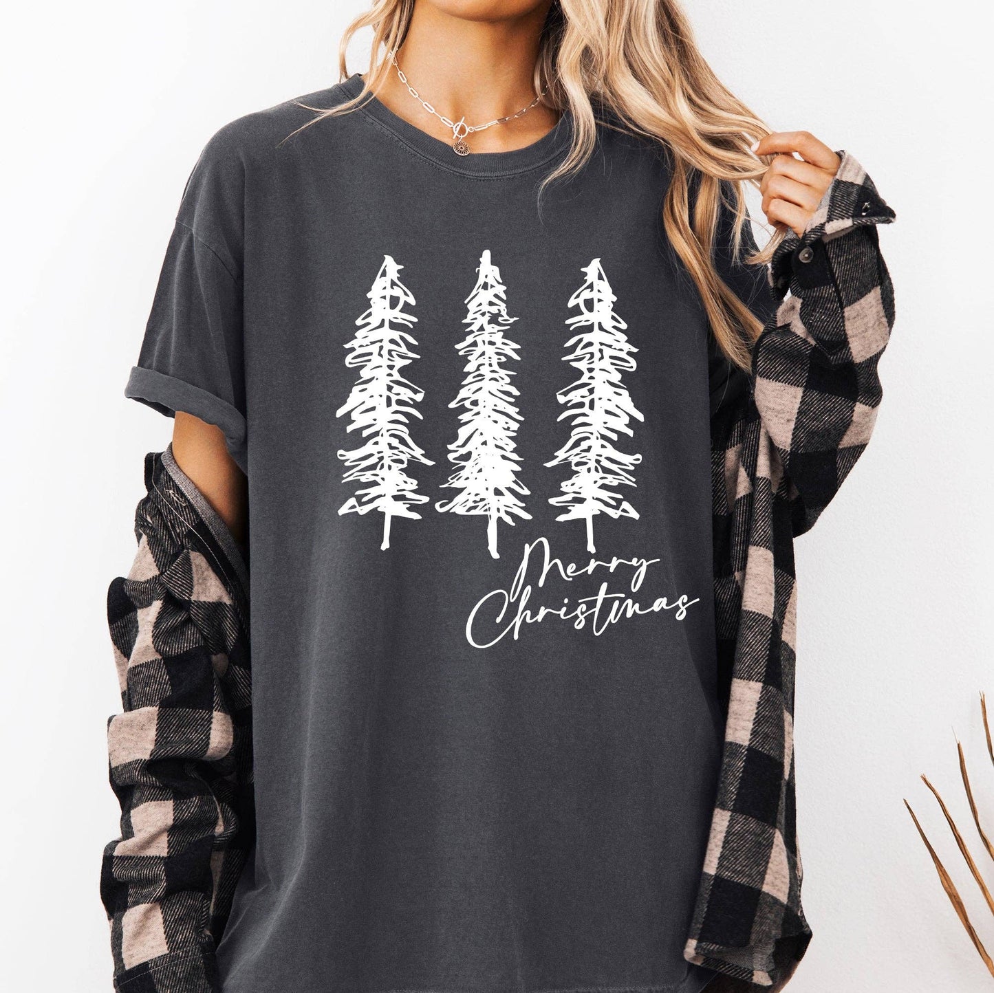 Merry Christmas, Sketched Pine Trees, Minimalist Xmas Tshirt