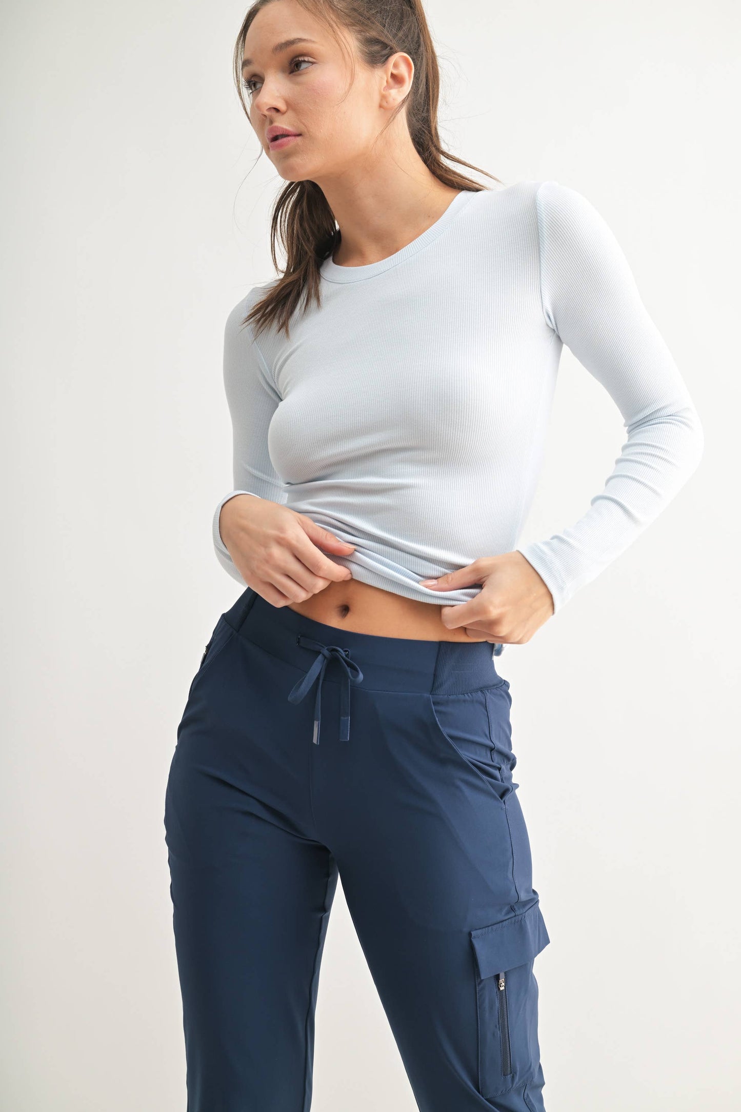 Essential Long-Sleeved Micro-Ribbed Athleisure Top: ILLUSION BLUE