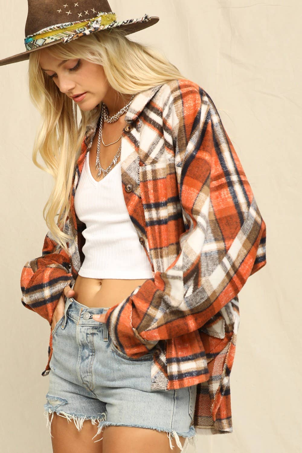 Plaid Print And Button-Front Closure Top