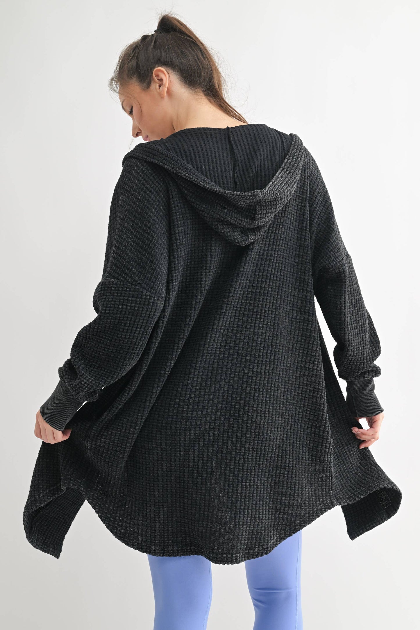 Chunky Waffle Mineral Wash Hooded Open Cardigan