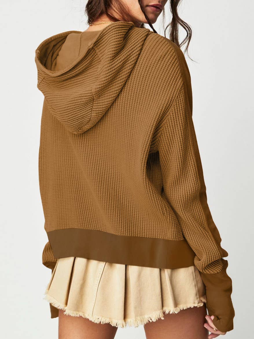 Half button zip up waffle crop hoodie sweatshirt jacket