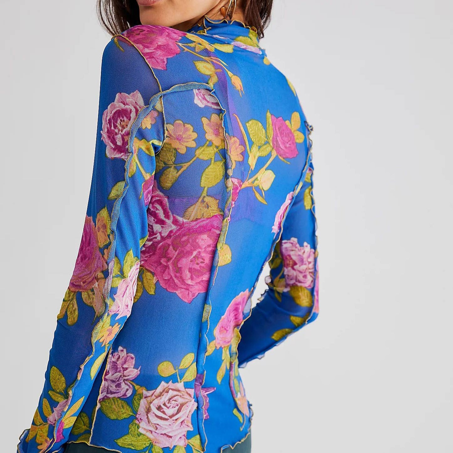 Slim-Fit Sheer Botanical Floral Print Turtleneck Top