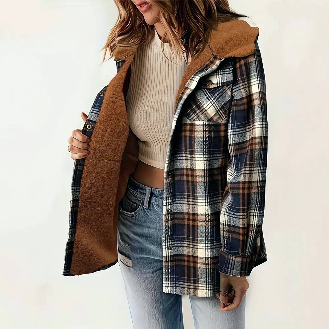 Fleece Hooded Checkered Sherpa Shacket