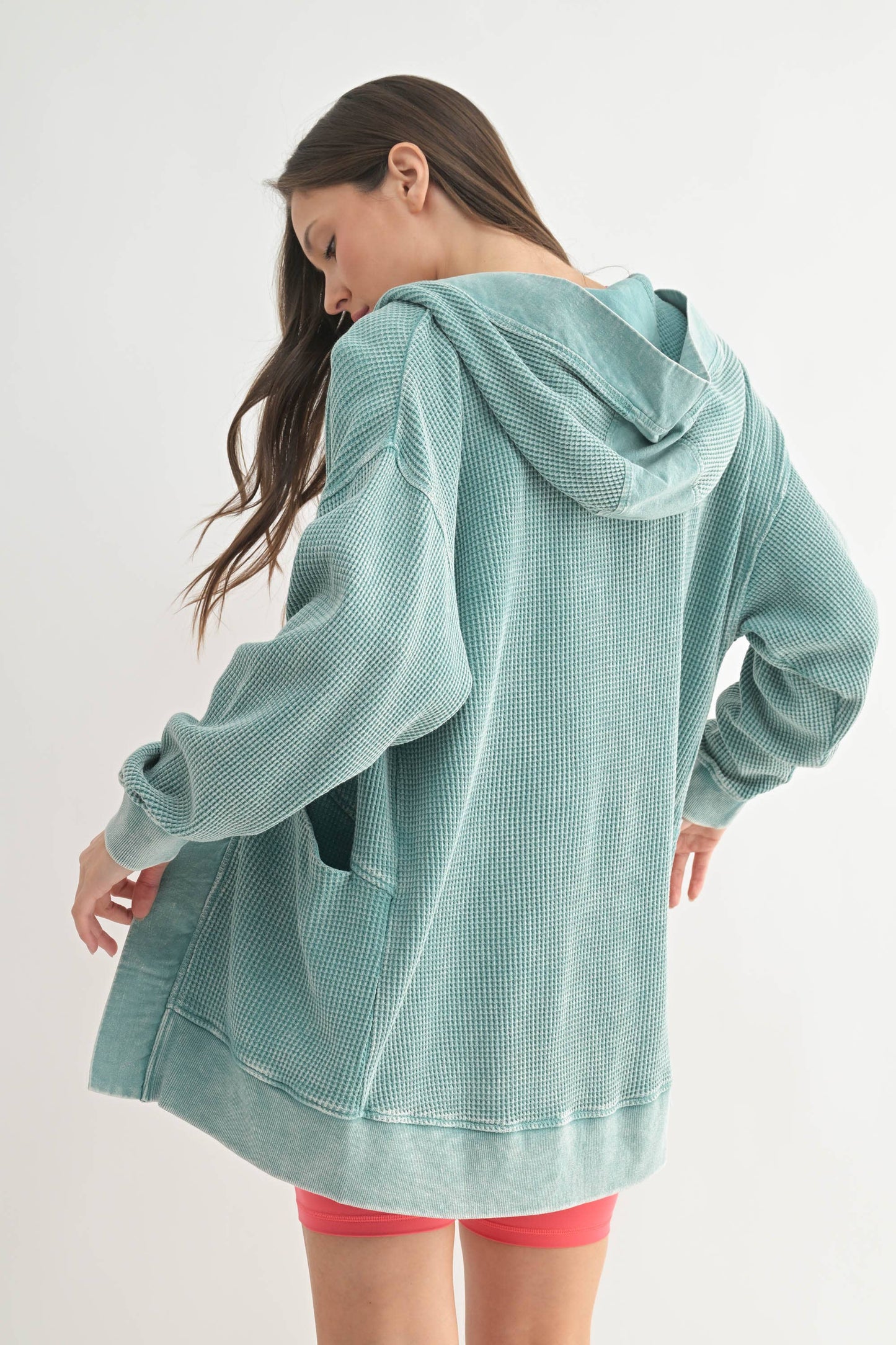 Waffle Knit Mineral-Washed Cardigan: GREY TEAL